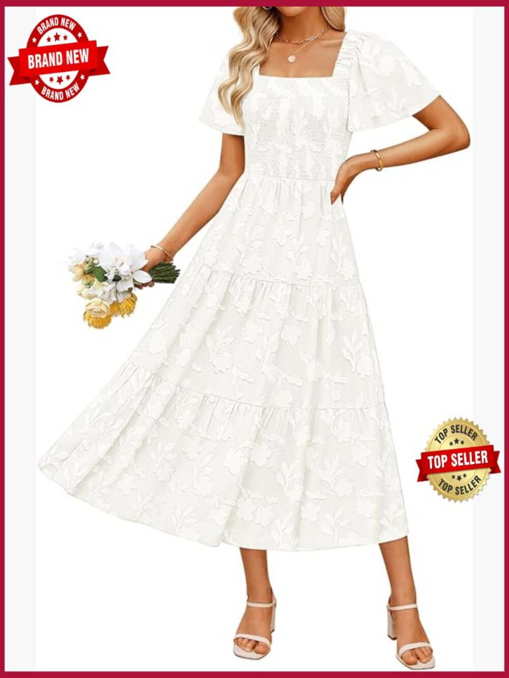 Boho Floral Midi Dress Square Neck Short Sleeve Flowy Beach Vacation